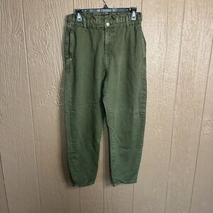 Zara Jeans‎ Baggy Fit Paper Bag Carrot Leg Ankle Elastic Waist Military Green 4